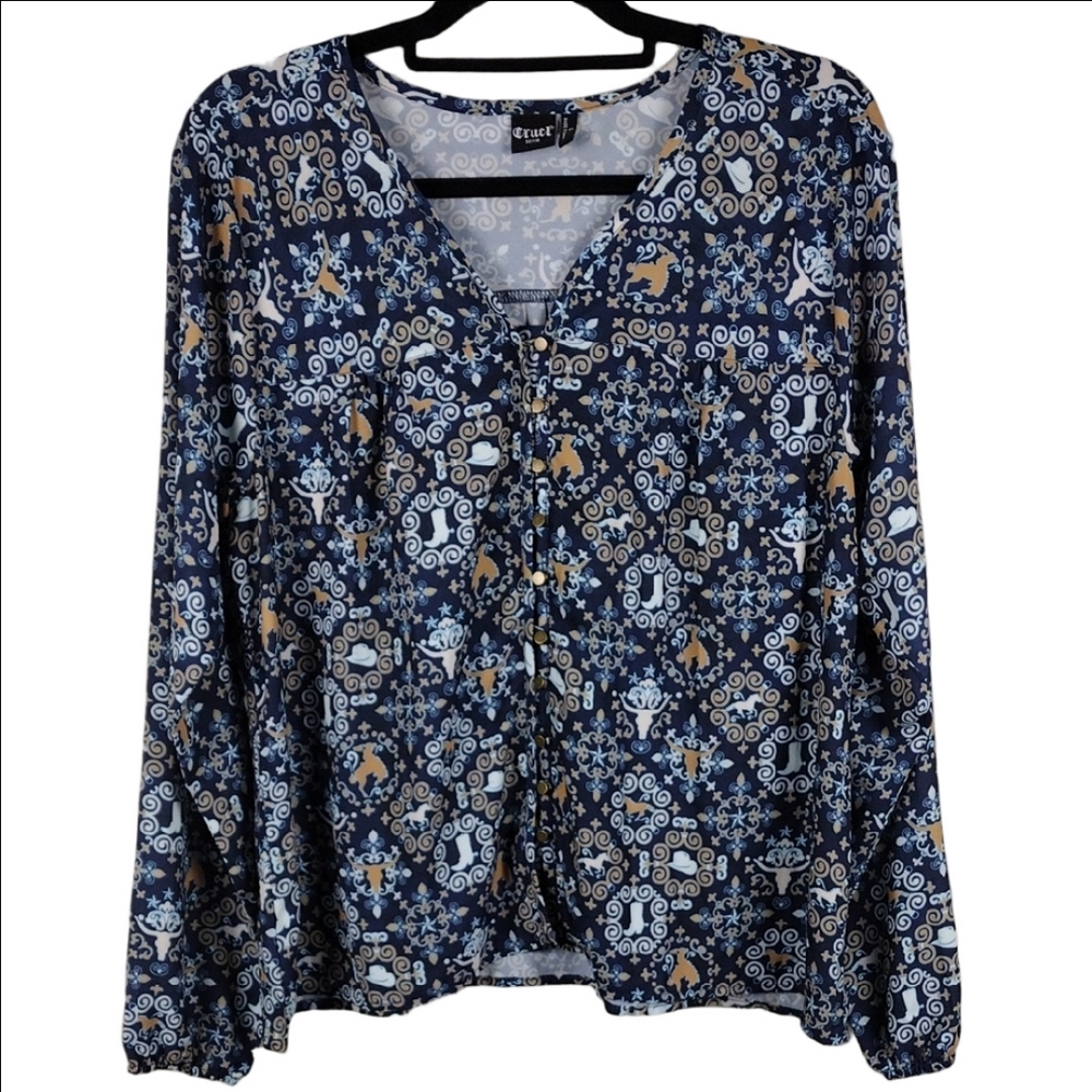 Cruel Denim Navy Blue Paisley Western Motif V-Neck Long Sleeve Button Down Top